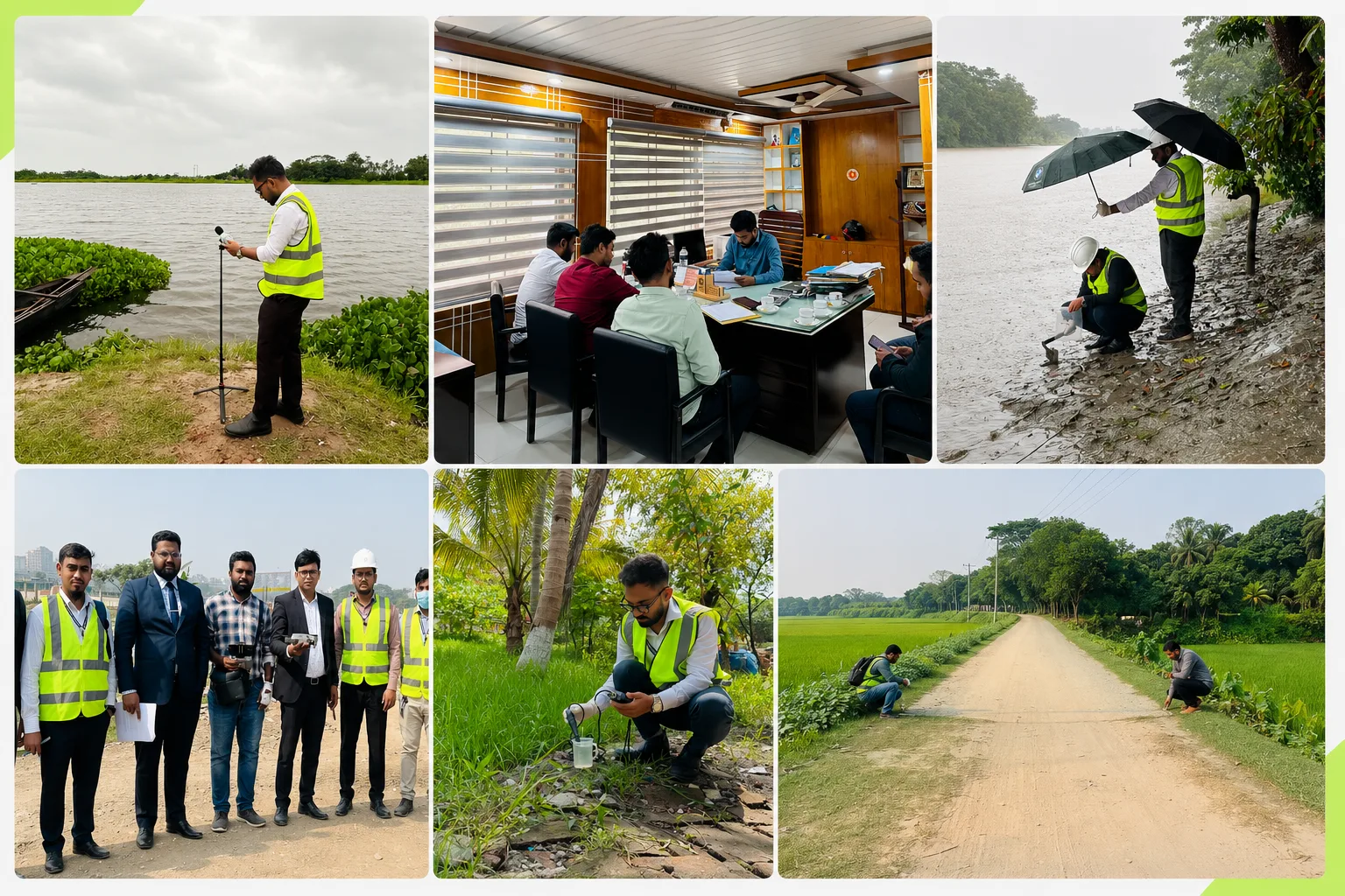 SRCL's multidisciplinary team: noise and water sampling in the field, riverbank survey work, and a project review meeting in the Dhaka office.
