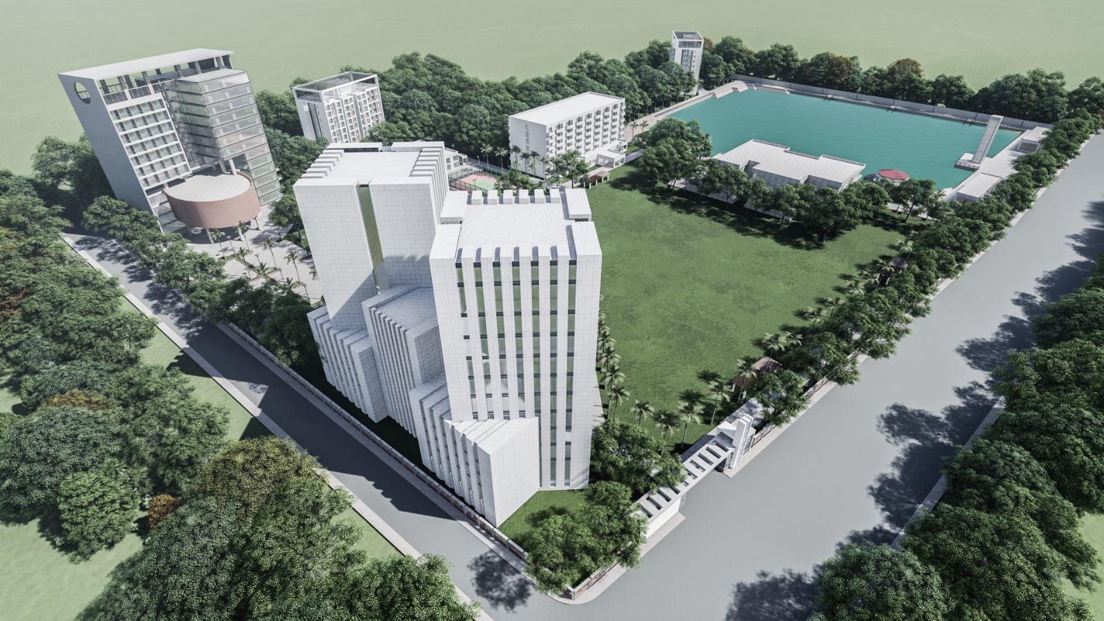 Aerial render of a campus development SRCL assessed.